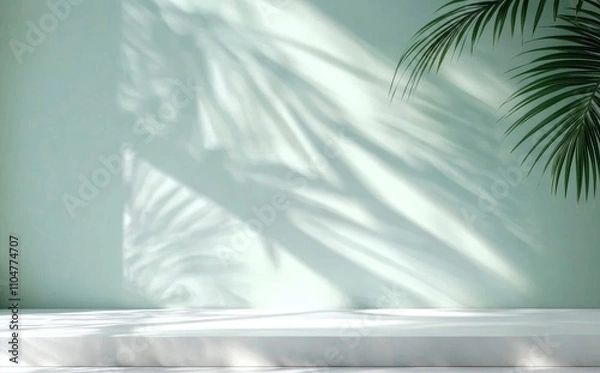 Obraz Soft Green Light Filtering Through Palm Leaves on a Pale Wall with White Surface and Blurred Shadow