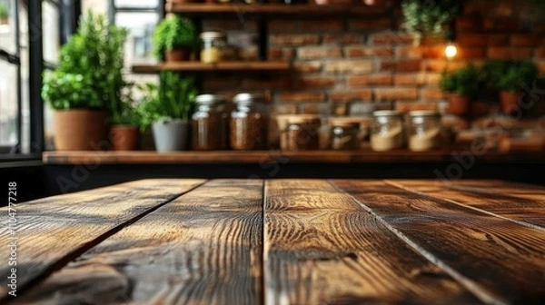 Obraz Rustic wooden kitchen table with blurred background and potted plants