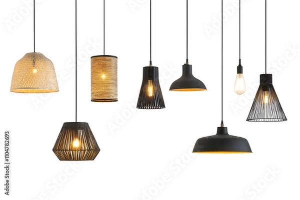 Fototapeta Set of different modern hanging lamps on white background. 