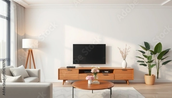 Fototapeta A sleek, minimalist living room with a light wood TV cabinet, a large TV, a potted plant, a stylish floor lamp, and a cozy gray armchair, creating a peaceful and modern atmosphere.