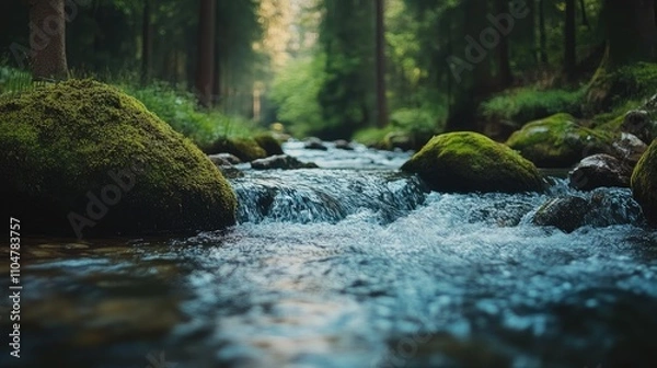 Obraz A serene river flows through a lush forest, showcasing nature's tranquility and beauty.