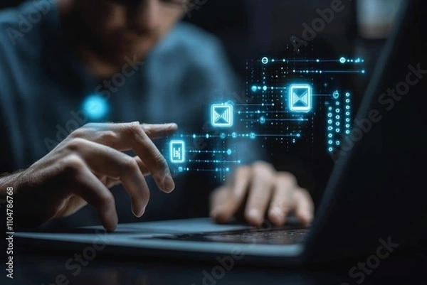 Fototapeta Businessman using laptop for data transfer and information exchange with digital icons