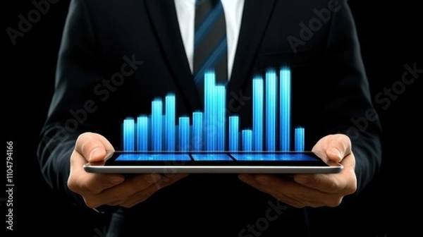 Fototapeta Businessman holding tablet with financial data visualization graphics.