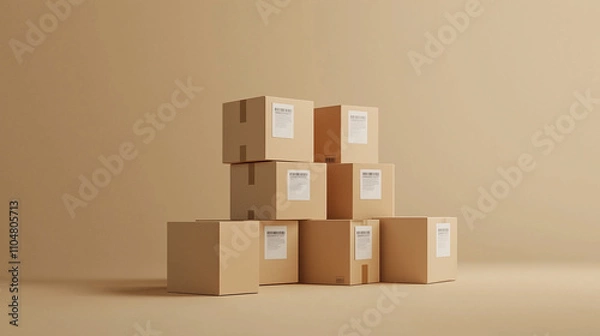 Fototapeta A stack of glossy cardboard boxes with printed barcodes