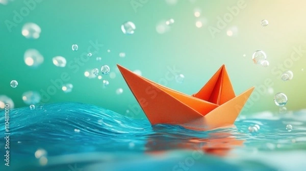 Fototapeta An orange paper boat floats on shimmering water with bubbles in a serene setting.