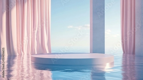 Obraz Serene stage on water with soft curtains, ideal for presentations or artistic displays.