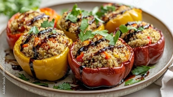 Obraz Colorful Roasted Vegetable and Quinoa Stuffed Bell Peppers with Balsamic Glaze - Healthy Plant-Based Food Concept