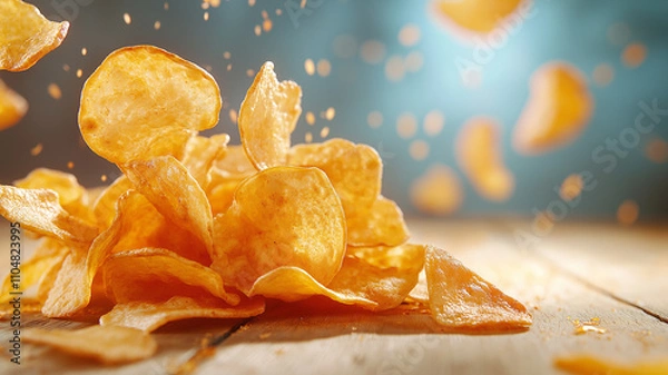 Obraz Crispy potato chips scattered on wooden surface, creating delightful snack scene