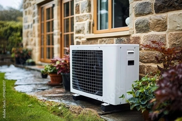 Fototapeta Modern Air Conditioning Unit on Stone Wall in Cozy Outdoor Space with Potted Plants