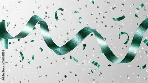 Fototapeta A festive scene featuring green ribbon and confetti against a light background.