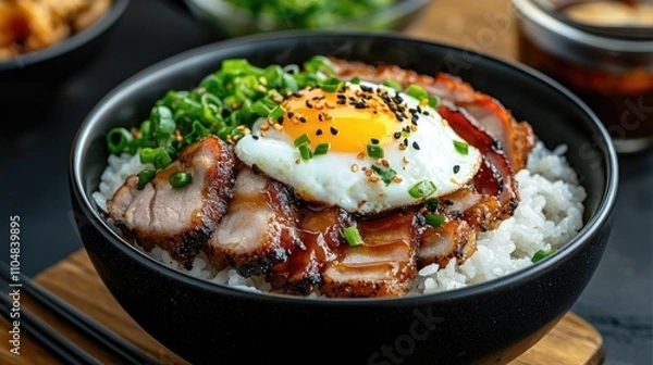Obraz Delicious Char Siu Rice Bowl with Tender Pork, Crispy Egg, and Fresh Green Onions Served in a Black Bowl on a Wooden Surface Perfect for Food Lovers