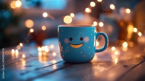 Obraz A cheerful blue mug with a smiley face sits on a wooden table, surrounded by soft lights.