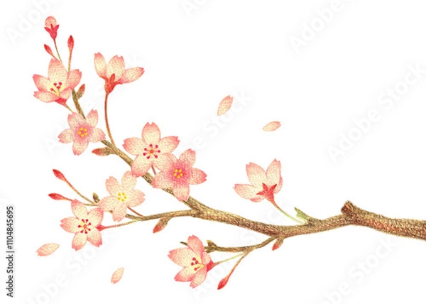 Fototapeta 桜の枝　手描き色鉛筆画