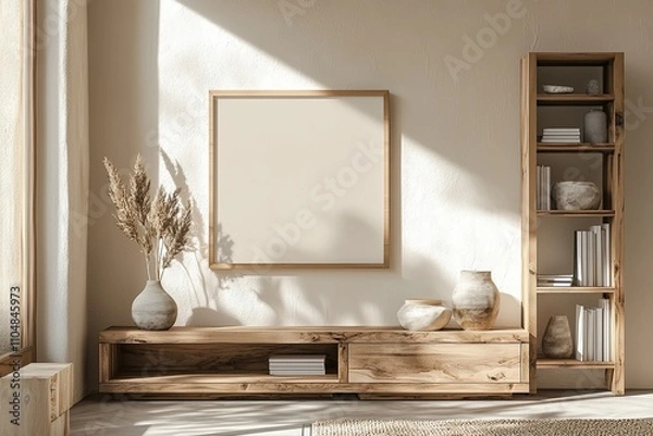 Fototapeta Modern interior design of a living room with a shelf and bookcase, a blank poster frame on the wall as a mockup, minimal home decor, natural light from the window