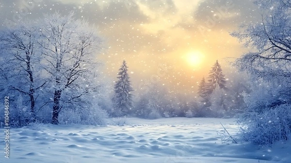 Fototapeta A peaceful winter scene with a vast snowy expanse and a faint sun in the background. 