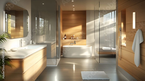 Fototapeta Modern bathroom design with wooden accents and luxurious features in natural light