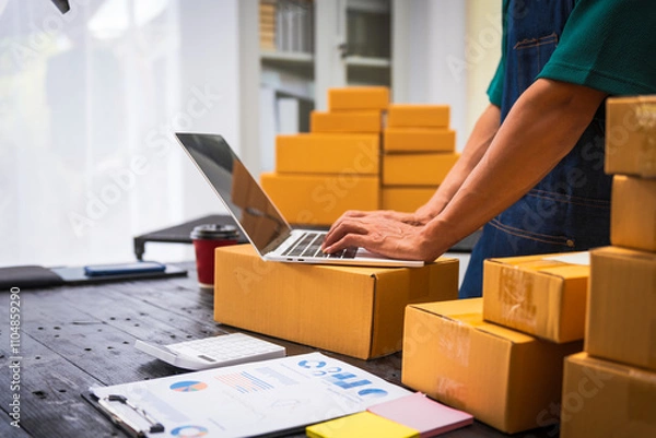 Fototapeta Close-up of a businessman’s hand packing items at a desk, preparing products for shipping. Highlighting delivery services for private companies online shopping with credit cards for convenience