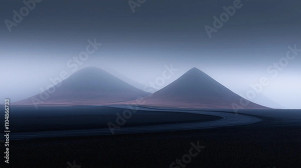 Fototapeta Minimalist landscape road towards misty Icelandic mountains vibrant pink twilight dramatic contrasts natural serenity surreal scenic Nordic environment cold crisp self explore wallpaper backdrop