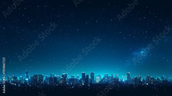 Fototapeta vibrant nighttime city skyline glows under starry sky, showcasing beauty of urban life and peak energy generation. illuminated buildings create stunning contrast against dark night