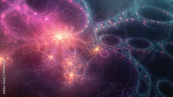 Fototapeta Abstract fractal art with glowing pink and teal nebulae, swirling patterns, and sparkling dust.