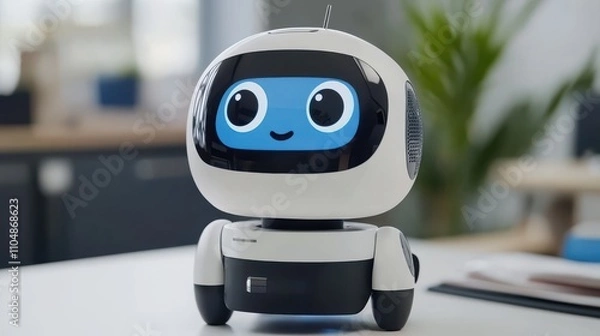Fototapeta Friendly Robot Analyzing Data in Modern Office Space