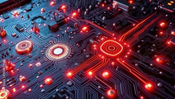 Fototapeta Vibrant Red Circuit Board Close-Up: High-Tech Innovation, Electronic Excellence, and Precision Engineering