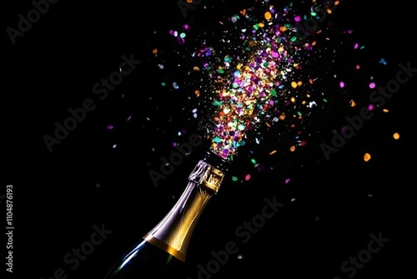 Fototapeta A dynamic neon illustration of a champagne bottle popping with confetti against a black background.