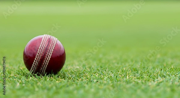 Fototapeta A red and white cricket ball sits on a green field. The ball is surrounded by grass and he is in the middle of the field
