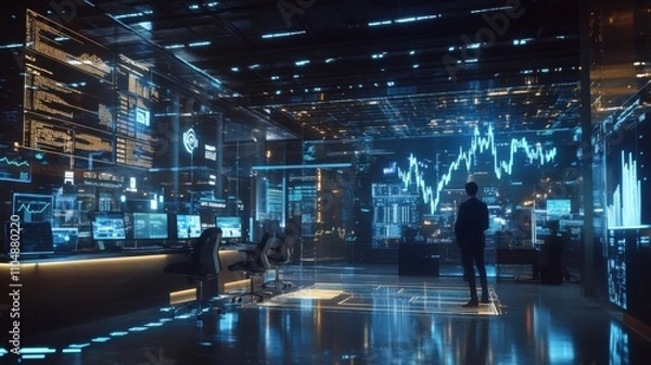 Fototapeta Futuristic Office with Data and Charts Display in High-Tech Environment