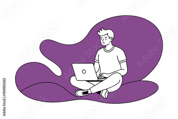 Fototapeta Line Drawing of Man Using Laptop - Vector Art Illustration