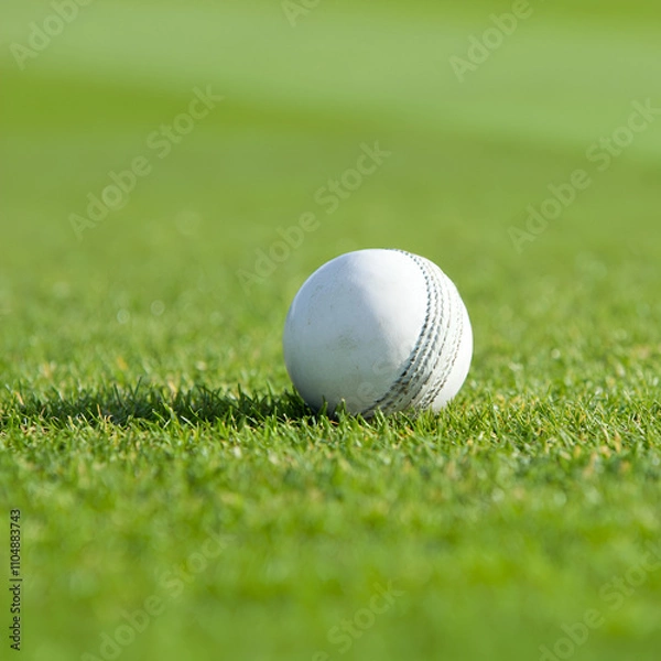 Fototapeta A white cricket ball is sitting on a green field. The ball is the size of a tennis ball and is laying on the grass, Shiny white cricket ball with red stitching, ready for a game on a lush green field.