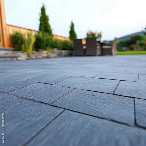 Obraz Close-up of dark gray slate patio paving stones, outdoors, shallow depth of field, backyard furniture blurred in background.
