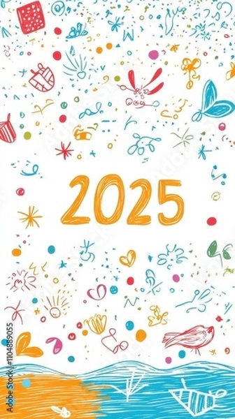 Fototapeta Vibrant 2025 New Year Celebration Doodle Art Design: A Colorful Whimsical Illustration Featuring Hand-Drawn Elements and Festive Atmosphere