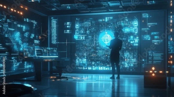 Fototapeta Futuristic Office with Digital Interface and Male Business Professional