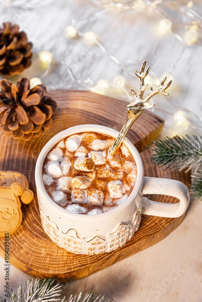 Obraz A mug of cocoa with marshmallows on a New Year's table on a white background. festive and cozy Christmas vertical card