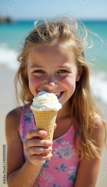 Fototapeta Young girl savoring an ice cream cone, beaming at the camera with the ocean waves in the background.