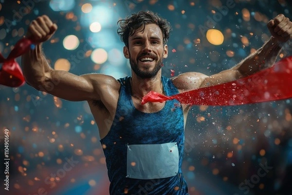 Obraz Athlete triumphantly crossing the finish line of a race in a stadium, breaking a red ribbon, arms outstretched in victory.  The focus is on the athlete’s determined expression and the dynamic motion