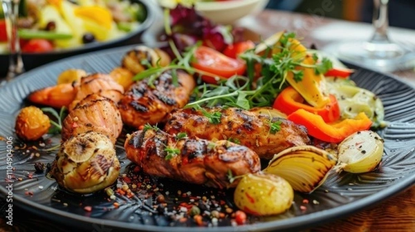 Fototapeta Plate with assorted food creates vibrant, appealing presentation.