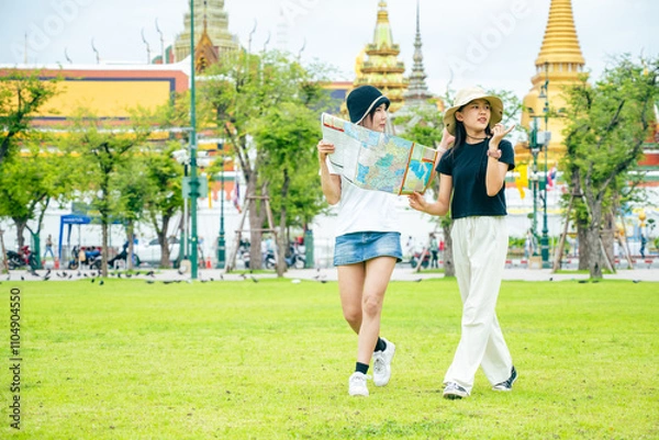 Fototapeta The group of South Asian tourists holding a map and searching for directions, with the iconic Wat Phra Kaew temple in the background in Bangkok, Thailand, enjoying their holiday adventure.
