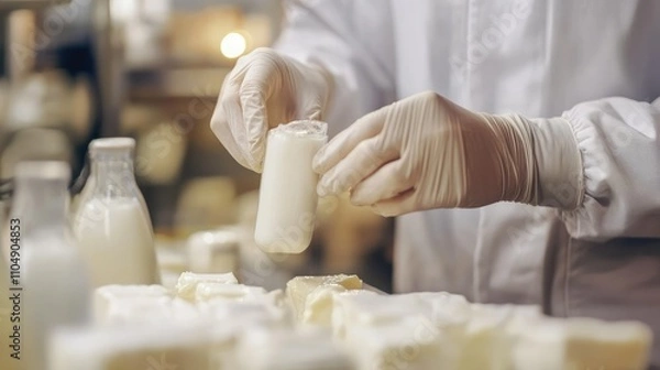 Fototapeta Close-up of a dairy scientist inspecting milk samples in a laboratory, ensuring quality control at a dairy plant.