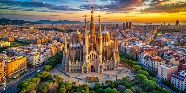 Fototapeta Aerial Sagrada Familia Barcelona Cityscape AI Photo, Stunning Architecture, Panoramic View