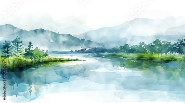 Fototapeta A watercolor painting of a serene landscape with a river, trees and mountains in the background.