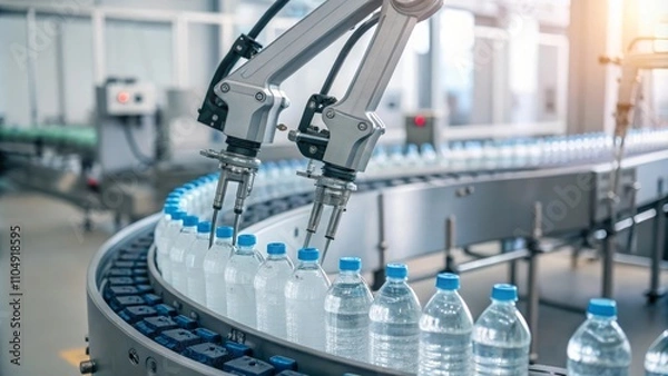 Fototapeta Robotic Arms Sorting Bottled Water on Conveyor