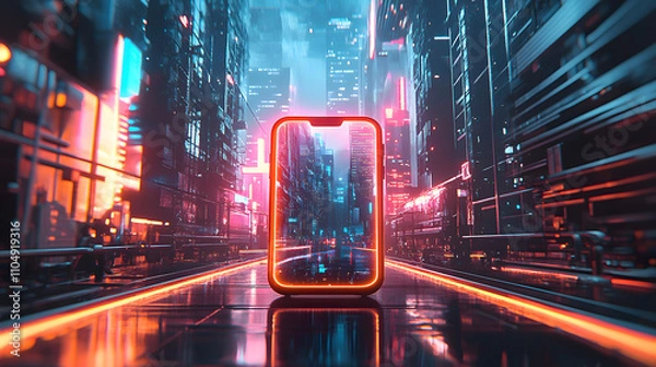 Fototapeta Vibrant cityscape featuring a glowing smartphone amidst neon lights at night