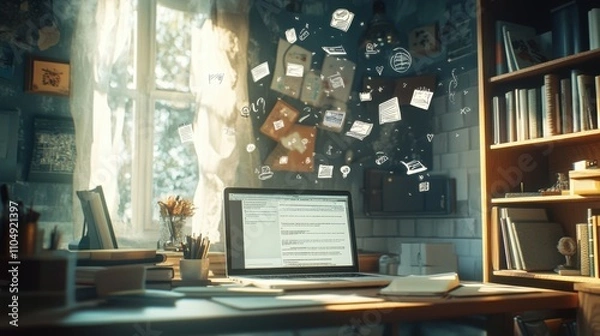 Fototapeta Classroom at home with laptop open to online course,