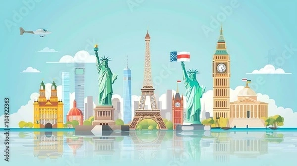 Fototapeta An illustration of famous landmarks from around the world against a blue sky.