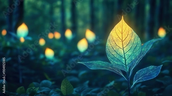 Fototapeta Enchanted forest with glowing gradient leaves, Magical nature mosaic, surreal scenery