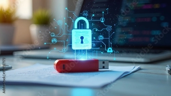 Fototapeta Secure flash drive with digital lock projected above it in a modern workspace
