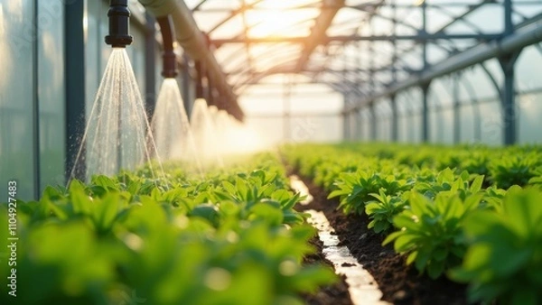 Fototapeta Sunlight streams through a greenhouse as an advanced irrigation system waters healthy plant rows