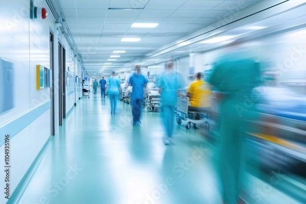 Obraz Busy hospital corridor with medical staff actively engaged in patient care, emphasizing healthcare teamwork and urgency.